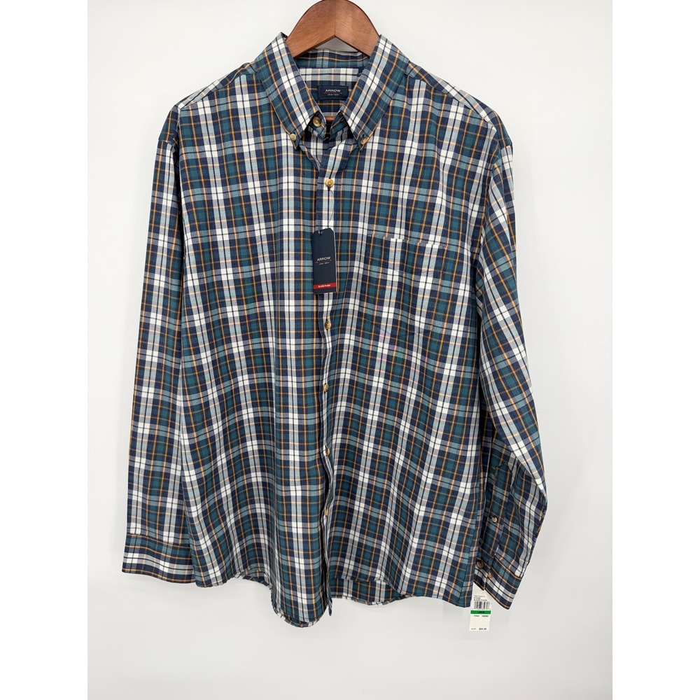 Arrow Button Down Shirt Mens Large Teal Plaid NWT Blazer Plaids Long Sleeve
